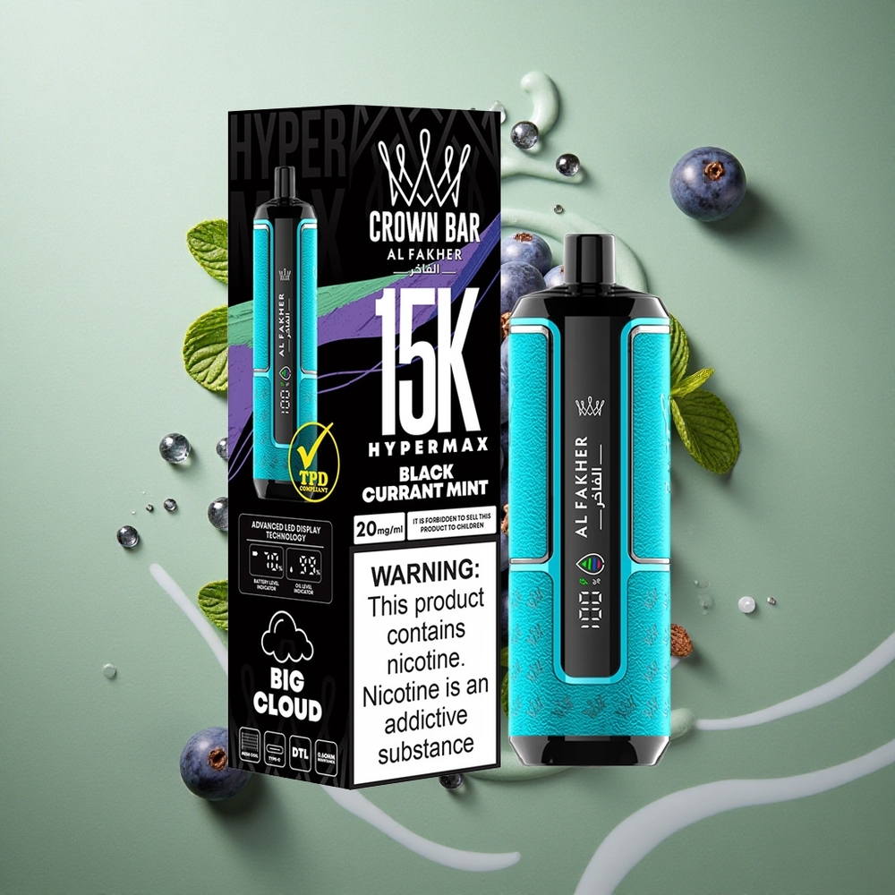 Zwarte bes Munt Al Fakher Crown Bar 15K Hypermax Direct-to-Lung Nederland groothandel