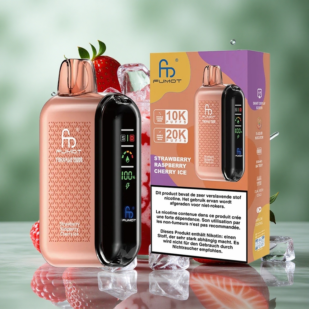 Aardbei Framboos Kers Ijs Fumot Tornado 20000 Puffs Dual Mesh Coil Smart Display Nederland groothandel