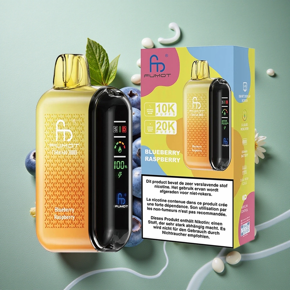 Blauwe Framboos Fumot Tornado 20000 Puffs 20ml Vloeistof Capaciteit Dual Mesh Coil Nederland groothandel