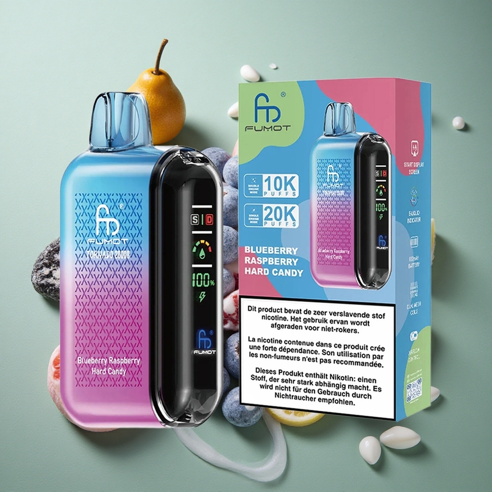 Blauwe Framboos Hard Snoep Fumot Tornado 20000 Puffs Dual Mesh Coil Smart Display Nederland groothandel