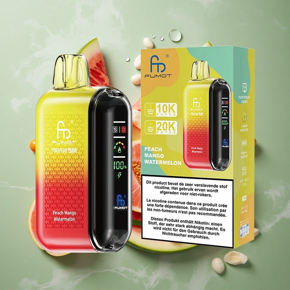 Perzik Mango Watermeloen Fumot Tornado 20000 Puffs Dual Mesh Coil 20ml E-liquid Nederland groothandel