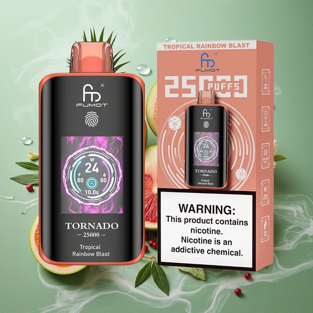 Tropische Regenboog Smaken Fumot Tornado 25000 Puffs Oplaadbare Batterij HD Scherm Nederland groothandel
